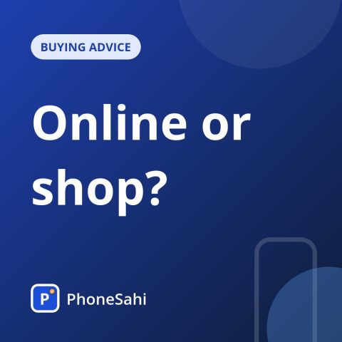 Illustration of a phone parcel at a front door beside a phone being handed over at a shop counter, with a checklist for Indian buyers
